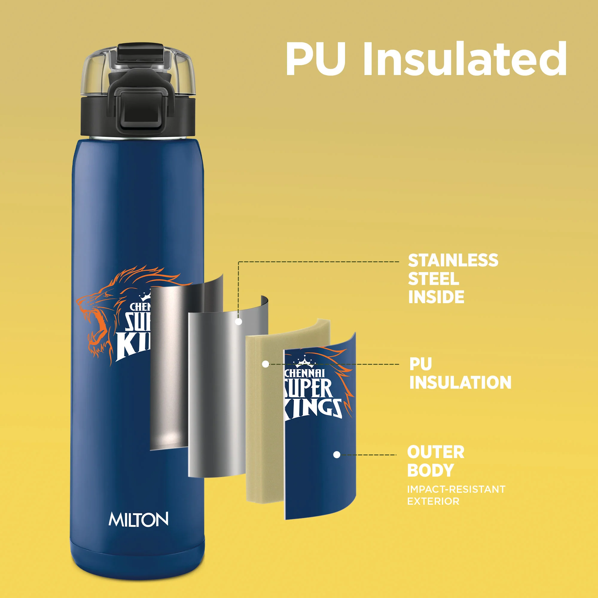 Sports Steel Edge UV Printing Thermoware Bottle With Twin Lid - Chennai Super Kings (CSK) - Milton - Image 9